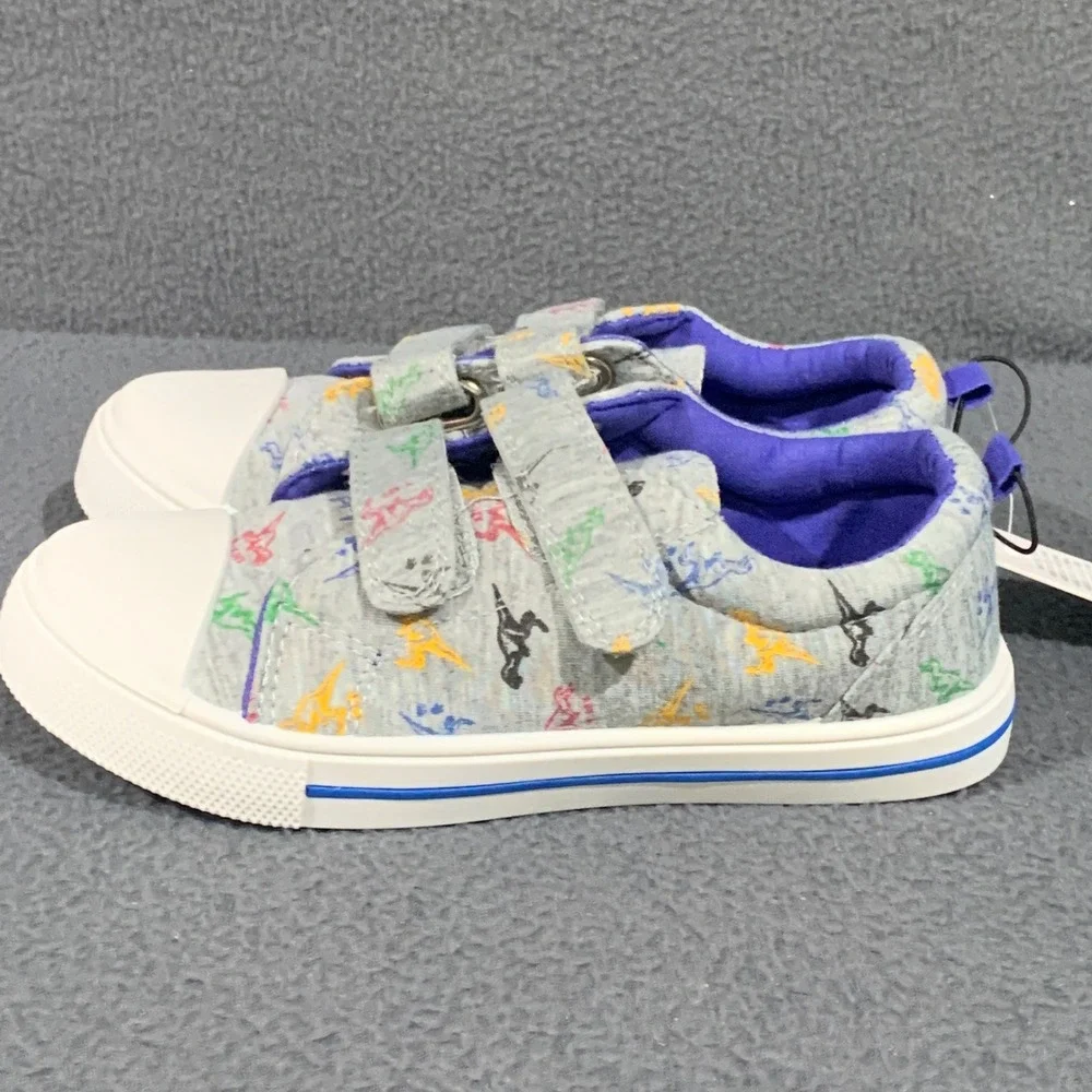New Dinosaur Print Sneakers Kids Size 12 Gray Hook and Loop Dino Shoes School